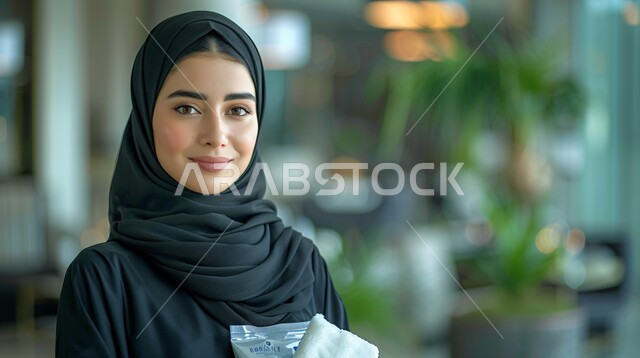 إيماءات الثقة بالنفس، الاهتمام بالمظهر الخارجي، مفهوم الانوثة والاناقة والنعومة، صورة مقربة لإمرأة عربية سعودية خليجية مبتسمة محجبة ترتدي العباءة السوداء تنظر إلى الكاميرا بتعابير السرور ، مهن ووظائف نسائية في المملكة العربية السعودية