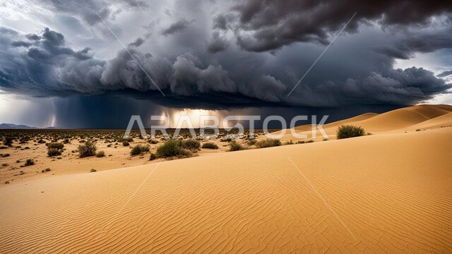 The raging atmosphere laden with dust and dirt in the deserts of Saudi Arabia, natural phenomena and disasters, a windstorm hitting the desert, the growth of wild plants and thorns in the desert lands, a view of the sky filled with dark clouds, sand formations and formations
