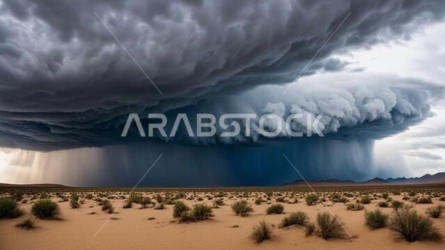 Natural phenomena and disasters, the raging atmosphere laden with dust and dirt in the deserts of Saudi Arabia, a windstorm hitting the desert, the growth of wild plants and thorns in the desert lands, the view of the sky filled with dark clouds, sand formations and formations