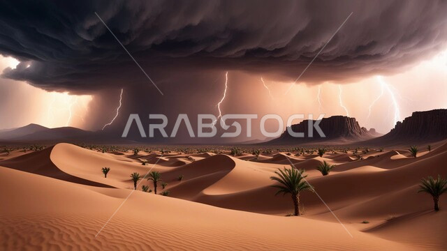 نمو النباتات والشوكيات البرية في الأراضي الصحراوية، الجو الهائج المحمل بالغبار والأتربة في صحاري السعودية، الظواهر والكوارث الطبيعية، عاصفة من الرياح تضرب الصحراء، منظر السماء الممتلئة بالغيوم الداكنة، التشكلات والتكوينات الرملية