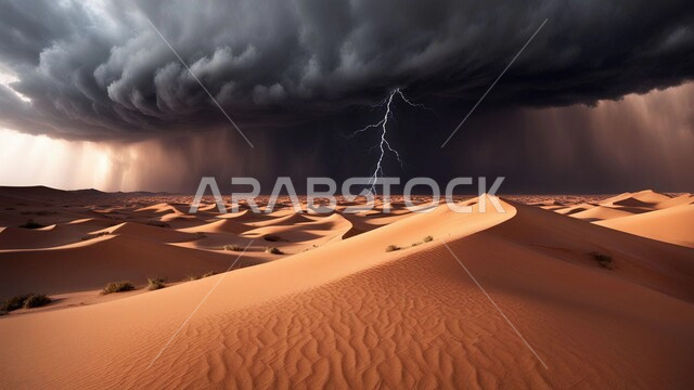 منظر السماء الممتلئة بالغيوم الداكنة، الجو الهائج المحمل بالغبار والأتربة في صحاري السعودية، الظواهر والكوارث الطبيعية، عاصفة من الرياح تضرب الصحراء، التشكلات والتكوينات الرملية