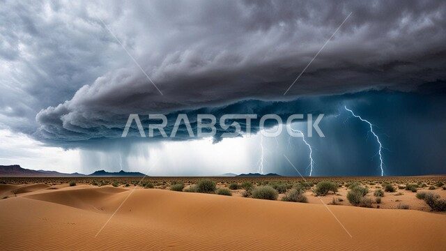 الظواهر والكوارث الطبيعية، الجو الهائج المحمل بالغبار والأتربة في صحاري السعودية، عاصفة من الرياح تضرب الصحراء، نمو النباتات والشوكيات البرية في الأراضي الصحراوية، منظر السماء الممتلئة بالغيوم الداكنة، التشكلات والتكوينات الرملية