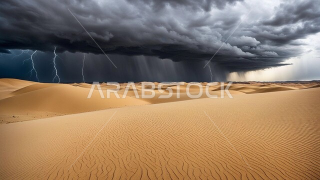 منظر السماء الممتلئة بالغيوم الداكنة، الجو الهائج المحمل بالغبار والأتربة في صحاري السعودية، الظواهر والكوارث الطبيعية، عاصفة من الرياح تضرب الصحراء، التشكلات والتكوينات الرملية