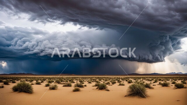 نمو النباتات والشوكيات البرية في الأراضي الصحراوية، الجو الهائج المحمل بالغبار والأتربة في صحاري السعودية، الظواهر والكوارث الطبيعية، عاصفة من الرياح تضرب الصحراء، منظر السماء الممتلئة بالغيوم الداكنة، التشكلات والتكوينات الرملية