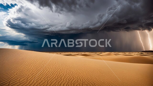 منظر السماء الممتلئة بالغيوم الداكنة، الجو الهائج المحمل بالغبار والأتربة في صحاري السعودية، الظواهر والكوارث الطبيعية، عاصفة من الرياح تضرب الصحراء، التشكلات والتكوينات الرملية
