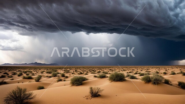 الظواهر والكوارث الطبيعية، الجو الهائج المحمل بالغبار والأتربة في صحاري السعودية، عاصفة من الرياح تضرب الصحراء، نمو النباتات والشوكيات البرية في الأراضي الصحراوية، منظر السماء الممتلئة بالغيوم الداكنة، التشكلات والتكوينات الرملية