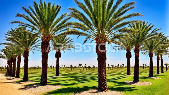Dates harvest season, local national crops and products, a nature reserve in the desert for palm tree cultivation, farms and agricultural lands in the Kingdom of Saudi Arabia, interest in agriculture and afforestation