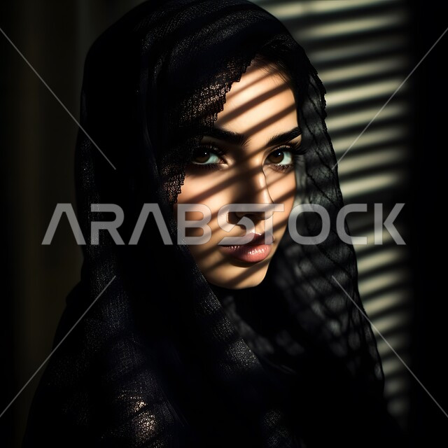 مفهوم الانوثه و النعومه ,ايماءات الحياء و الغموض ,صورة مقربة لامرأة عربيه خليجية سعودية محجبة ترتدي العباءة السوداء تقف بجانب النافذة مضاءة بالضوء والظل المنبعث من ستائر النوافذ  تنظر الى الكاميرا بتعابير الثقة بالنفس
