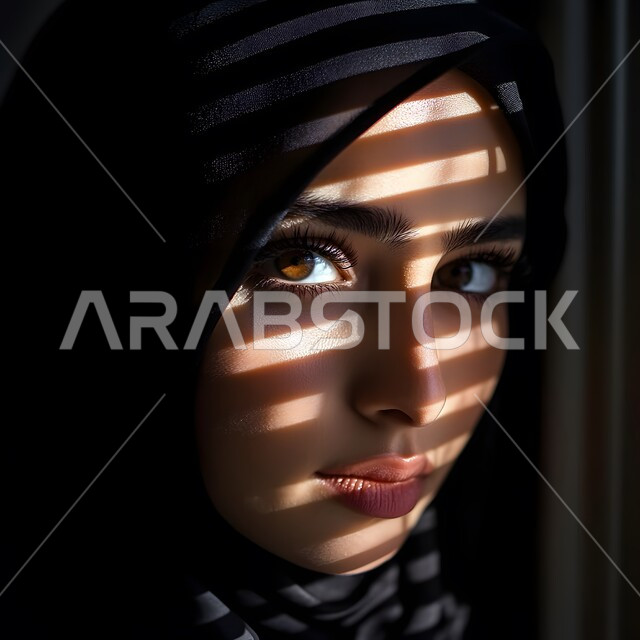 مفهوم الانوثه و النعومه ,ايماءات الحياء و الغموض ,صورة مقربة لامرأة عربيه خليجية سعودية محجبة ترتدي العباءة السوداء تقف بجانب النافذة مضاءة بالضوء والظل المنبعث من ستائر النوافذ  تنظر الى الكاميرا بتعابير الثقة بالنفس