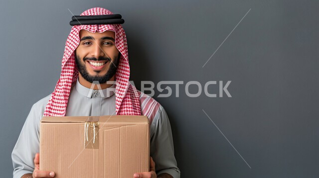 High quality shipping services, receiving purchases and delivering goods to customers, delivering orders on time and properly, Close-up portrait of a Saudi Arabian Gulf man wearing a traditional shemagh and thobe holding a closed cardboard box in his hand, gray background