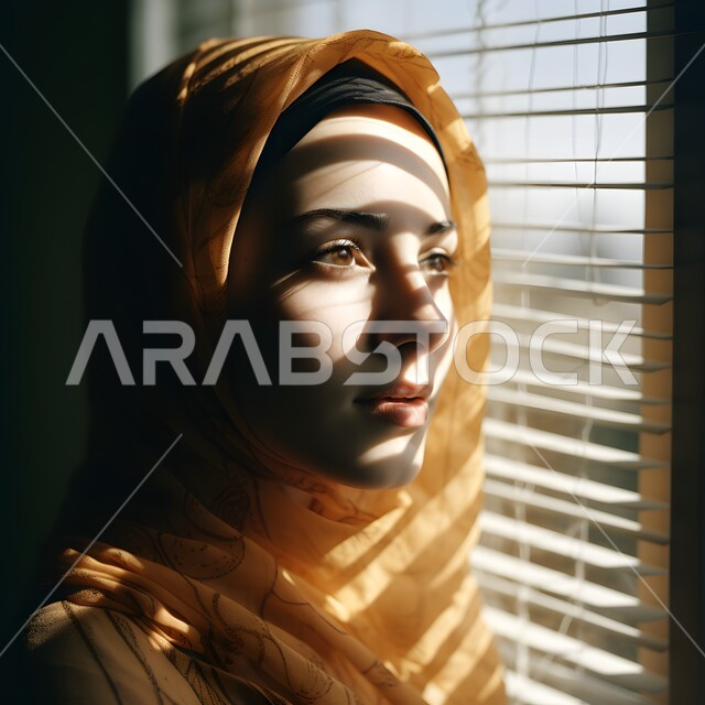 The concept of femininity and softness, gestures of modesty and mystery, a close-up image of a veiled Saudi Arabian Gulf woman wearing an orange veil standing by the window lit by the light and shadow emanating from the window curtains, looking with expressions of self-confidence