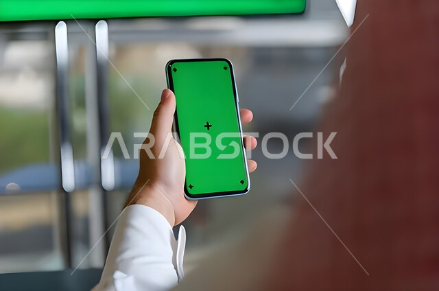 Displaying a blank green screen on technical devices, using modern technology to complete tasks remotely, a close-up image from the back of a Saudi Gulf Arab man wearing traditional clothing holding a mobile phone in his hand, watching favorite programs, chroma