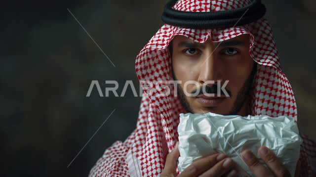 الاهتمام والعناية بالمظهر الخارجي, تعابير الجدية والحزم, بورتريه مقرب  لرجل عربي سعودي خليجي يرتدي الزي التقليدي والشماغ يحمل بيده مجسم باللون الأبيض، النظر إلى الكاميرا  بايماءات الثقة بالنفس, مفهوم الرجولة والأناقة، خلفية سوداء