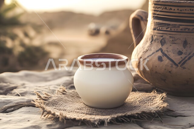 التقاليد و العادات القديمة في تقديم المشروبات، كرم الإستقبال وحسن الضيافة في المملكة العربية السعودية,  حليب الابل الطازج المقدم باواني فخار مزخرفة  بزخارف تقليدية،مفهوم الاهتمام بالصحة والغذاء