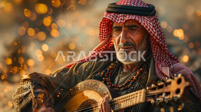 مواهب فنية موسيقية، صورة مقربة لرجل كبير السن خليجي سعودي عربي يرتدي الزي التقليدي والشماغ يعزف على الة العود، الإستمتاع بالعزف على الآلات الوترية الكلاسيكية، جلسة وناسة وطرب، ممارسة الهوايات الفنية