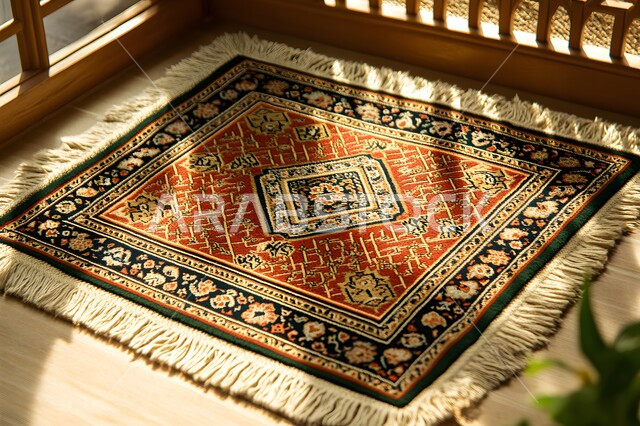 نقوشات وزخرفات من التراث السعودي، حرف ومهن شعبية، منتجات صناعية محليه وطنيه، الفن التراثي الحرفي التقليدي، صورة مقربة لسجادة صلاة منسوجة يدويا بالأنماط والألوان المتنوعة، أسواق تقليدية في المملكة العربية السعودية