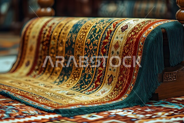 نقوشات وزخرفات من التراث السعودي، حرف ومهن شعبية، منتجات صناعية محليه وطنيه، الفن التراثي الحرفي التقليدي، صورة مقربة لسجادة صلاة منسوجة يدويا بالأنماط والألوان المتنوعة، أسواق تقليدية في المملكة العربية السعودية