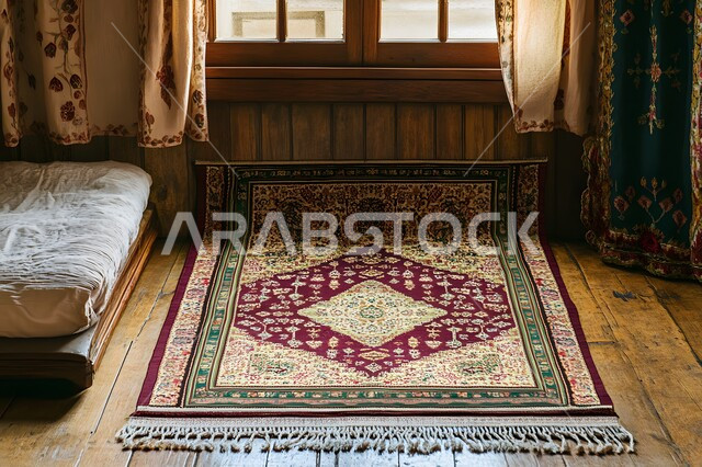 نقوشات وزخرفات من التراث السعودي، حرف ومهن شعبية، منتجات صناعية محليه وطنيه، الفن التراثي الحرفي التقليدي، صورة مقربة لسجادة صلاة منسوجة يدويا بالأنماط والألوان المتنوعة، أسواق تقليدية في المملكة العربية السعودية