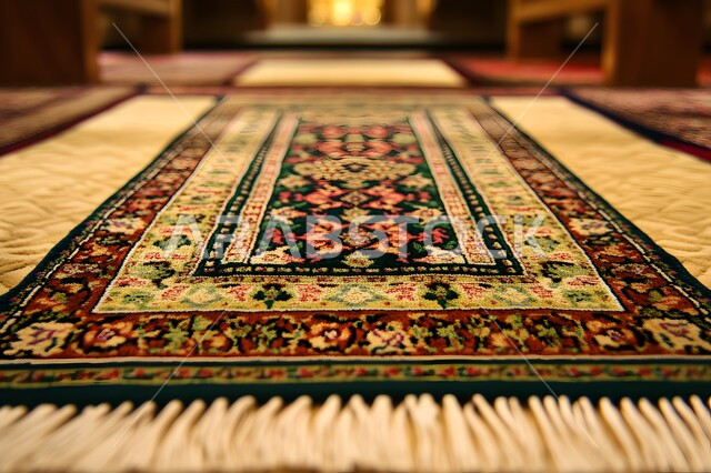 نقوشات وزخرفات من التراث السعودي، حرف ومهن شعبية، منتجات صناعية محليه وطنيه، الفن التراثي الحرفي التقليدي، صورة مقربة لسجادة صلاة منسوجة يدويا بالأنماط والألوان المتنوعة، أسواق تقليدية في المملكة العربية السعودية