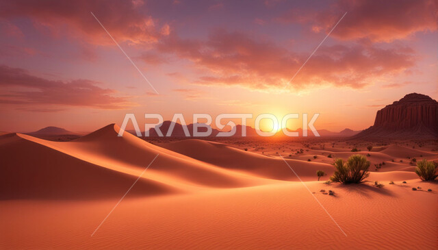  غروب الشمس فوق مناطق البادية، البيئة الطبيعية الصحراوية، التضاريس والمرتفعات والقمم الجبلية في البراري، التكوينات والتشكلات الرملية في صحراء المملكة العربية السعودية، الهضاب والتلال من الرمال الذهبية الناعمة، نمو النباتات الشوكية