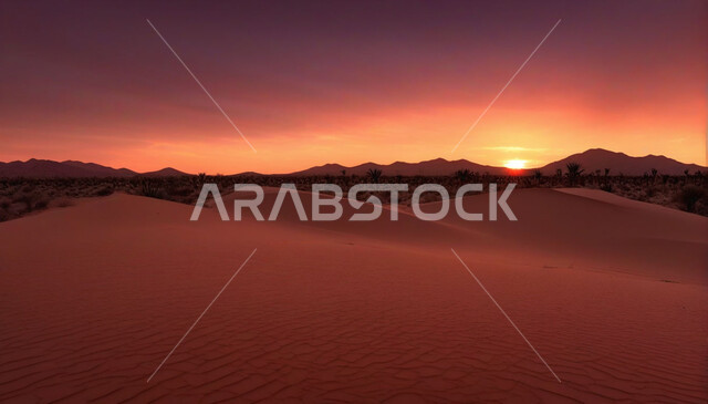 Desert natural environment, terrain, heights and mountain peaks in the wilderness, sunset over the desert areas, sand formations and formations in the desert of the Kingdom of Saudi Arabia, plateaus and hills of soft golden sand, nature background