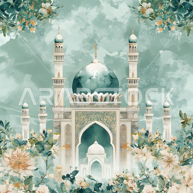 Worship and getting closer to God, Muslims' call to perform prayers and duties, Ramadan decorations and designs, preparing for the coming of the holy month of Ramadan, illuminated golden lanterns, religious occasion decorations and artifacts, Arab-Islamic style geometric art