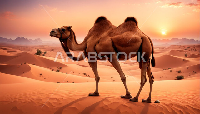 تربية ورعاية الحيوانات الثدية، الرمال الذهبية الناعمة الناعمة في الأماكن الصحراوية، استخدام الإبل في التنقل في صحارى المملكة العربية السعودية، صورة جمل يسير في الصحراء وقت الغروب، نمو النباتات الشوكية