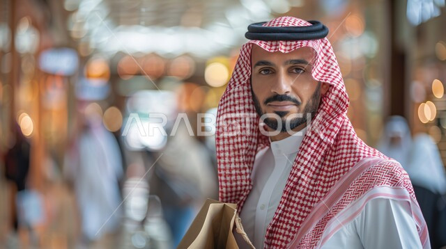 مفهوم الرجولة والأناقة, الاهتمام والعناية بالمظهر الخارجي, صورة مقربة لرجل عربي سعودي خليجي يرتدي الزي التقليدي والشماغ يحمل بيده كيسا ورقيا يمشي في أحد شوارع المملكة , النظر الى الكاميرا بتعابير الثقة والسرور, التسوق والتبضع من الأسواق الشعبية