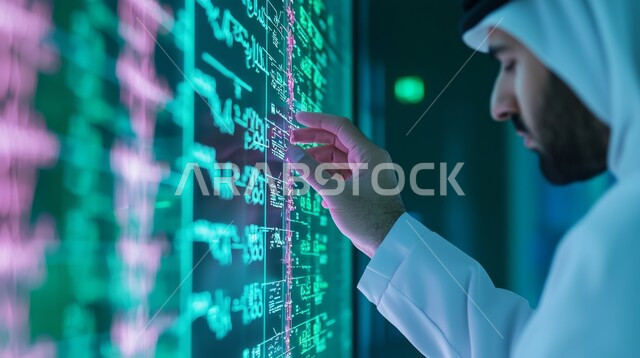 استخدام التقنيات الحديثة، دمج التكنولوجيا المتطورة مع العمل، صورة مقربة من الجانب لرجل أعمال عربي اماراتي يرتدي الزي التقليدي والكندورة يلمس بيده على الشاشة الإلكترونية المضيئة، أيقونات هولوجرامية مختلفة، رؤية مستقبلية تكنولوجية اماراتية، مفهوم التحول الرقمي
