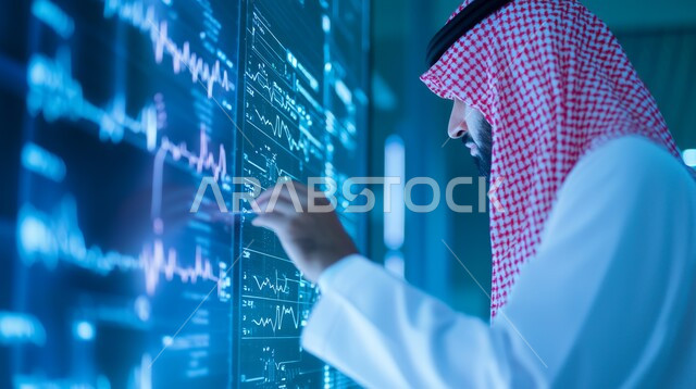 استخدام التقنيات الحديثة، دمج التكنولوجيا المتطورة مع العمل، صورة مقربة من الجانب لرجل أعمال عربي اماراتي يرتدي الزي التقليدي والكندورة يلمس بيده على الشاشة الإلكترونية المضيئة، أيقونات هولوجرامية مختلفة، رؤية مستقبلية تكنولوجية اماراتية، مفهوم التحول الرقمي