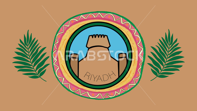 Sadu patterns with ancient Arab buildings, a symbol of preserving heritage houses in the Kingdom of Saudi Arabia, traditional handicraft heritage art, designs with geometric shapes for authentic colorful Arab decoration, Saudi folk heritage