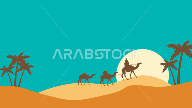 مناطق البادية  والبيئة الطبيعية الصحراوية، الهضاب والتلال مع الرمال الناعمة الذهبية، رسوم توضيحية لقافلة جمال تسير في الصحراء، الحياة البدوية الشعبية ، منظر السماء مع الشمس نهارا، أشجار النخيل الكبيرة
