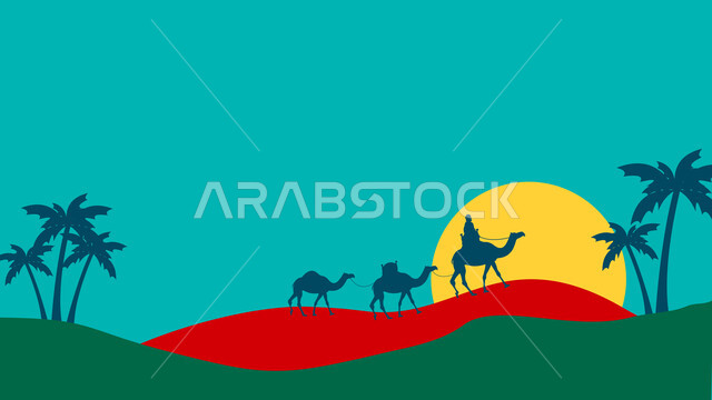 مناطق البادية  والبيئة الطبيعية الصحراوية، الهضاب والتلال مع الرمال الناعمة الذهبية، رسوم توضيحية لقافلة جمال تسير في الصحراء، الحياة البدوية الشعبية ، منظر السماء مع الشمس نهارا، أشجار النخيل الكبيرة