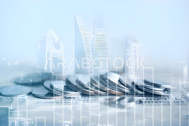 شبكة بجداول بيانية واحصائية لصعود وهبوط البورصة المالية، صورة لمجموعة من العملات والريالات المعدنية المالية السعودية مدموجة بأبراج المملكة، تقنية الهولوجرام ثلاثية الابعاد