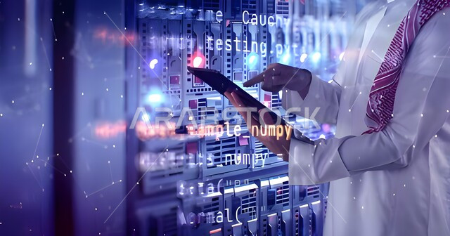 خلفية هولوجرامية ثلاثية الأبعاد لغرفة الخوادم والسيرفرات، تصوير مقرب لرجل عربي خليجي سعودي يقوم بالإشراف وإدارة بيانات الداتا سنتر باستخدام جهاز التابليت، مفهوم تكنولوجيا التخزين السحابي، خوادم الانترنت العملاقة، حفظ وتخزين المعلومات لمستخدمين المواقع