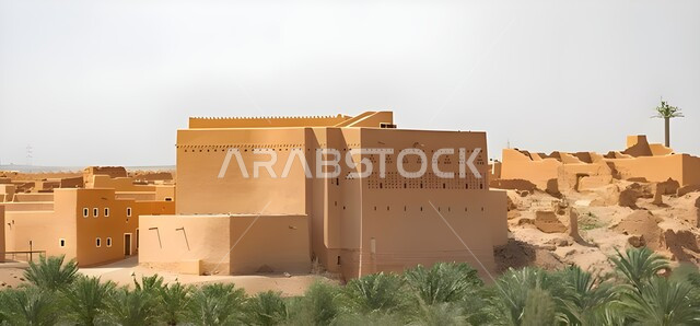 Historical buildings in the old mud style, facilities and houses in the heritage village of Ushaiqar in Shaqra Governorate, famous tourist attractions, tourist places in the Kingdom of Saudi Arabia, spending enjoyable time in the popular village areas in the city of Riyadhد