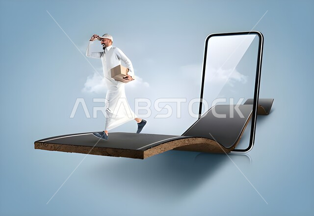 Online express delivery service, a Saudi Gulf Arab man wearing a traditional dress and hat running on a paved asphalt road, working in shipping orders, using modern technology to deliver boxes and items, a large mobile phone screen