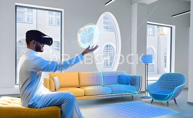 امساك واحتواء عنصر هولوجرامي، رجل عربي خليجي سعودي يرتدي نظارات الواقع الافتراضي ثلاثية الابعاد ويجلس على الاريكة، الاستمتاع والتفاعل ومحاكاة العالم الافتراضي، حركة يد واشارات، ديكورات وتصاميم منزلية