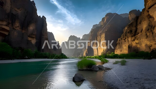 Rock formations and formations, oases in Wadi Al-Disah, a picture of the reflection of rocky mountains on the water between the mountain gorges in Tabuk city in the Kingdom of Saudi Arabia, desert nature in Saudi Arabia