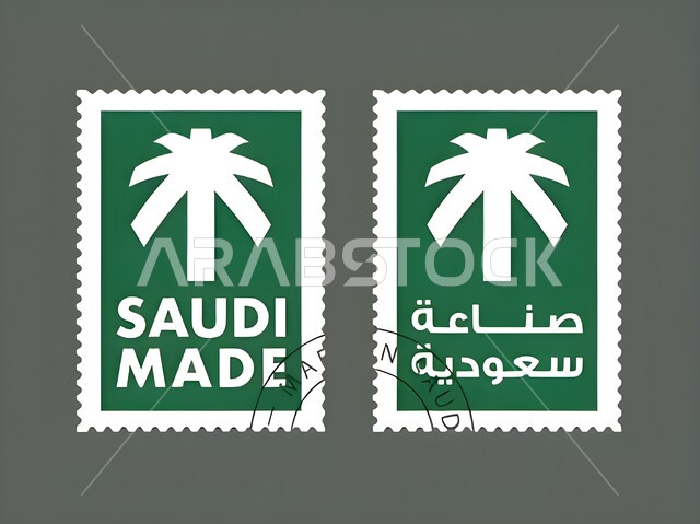 طابع بريدي قديم يحتوي على صورة نخلة وعبارة صناعة سعودية، علامات للظروف والرسائل لاثبات دفع الرسوم، طوابع للوثائق الرسمية في المملكة العربية السعودية، خلفية رمادية
