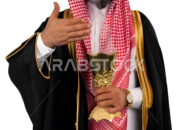 استخدام خشب العود بالتطيب، بورتريه مقرب لعريس عربي خليجي سعودي يرتدي الزي التقليدي والبشت يحمل بيده حامل البخور( المبخرة )، مفهوم المناسبات والأفراح، أصالة العادات والتقاليد، خلفية بيضاء