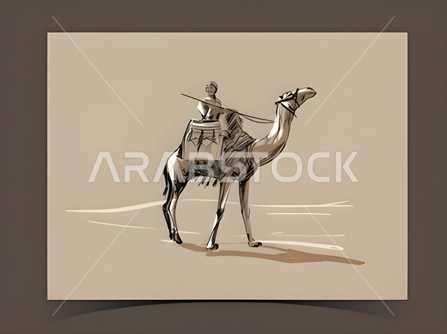 رسوم توضيحية لرجل يجلس على ظهر ناقة، شعار الجمل الذي يرمز للصحراء في المملكة العربية السعودية، استخدام الحيوانات للتنقل من مكان الى اخر في البادية، خلفية رمادية 