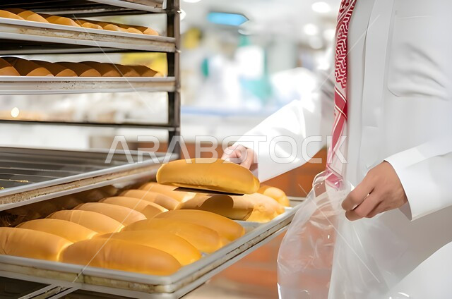 المنتجات والسلع الغذائية الضرورية، قسم المخبوزات والمعجنات في أحد متاجر المواد الغذائية، المخبوزات الساخنة الطازجة في السوبرماركت, صوره مقربه ليد بائع عربي خليجي سعودي يرتدي الشماغ والثوب التقليدي يقوم بوضع الخبز في كيس