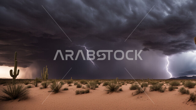 الظواهر والكوارث الطبيعية، الجو العاصف الهائج المحمل بالغبار والأتربة في صحاري السعودية، عاصفة من الرياح تضرب الصحراء، الزوايع الغبارية القوية، نمو النباتات والشوكيات البرية في الأراضي الصحراوية، منظر السماء الممتلئة بالغيوم الداكنة، التشكلات والتكوينات الرملية