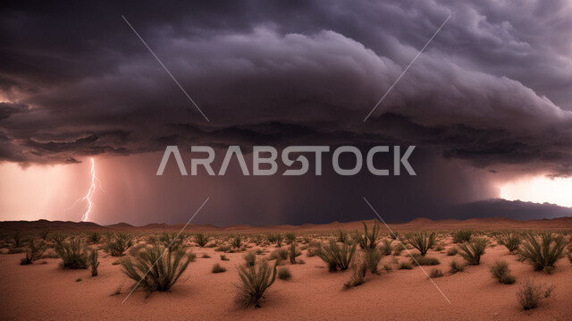 The growth of wild plants and thorns in desert lands, the view of the sky filled with dark clouds, sand formations and formations, natural phenomena and disasters, the stormy, raging atmosphere laden with dust and dirt in the deserts of Saudi Arabia, a windstorm hitting the desert, strong dust storms