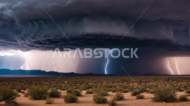 الكثبان والرمال الذهبية الناعمة، التشكيلات والتكوينات الرملية في المملكة العربية السعودية, منظر الإعصار الهوائي والزوابع الغبارية القوية في الصحراء, الظواهر والكوارث الطبيعية، نمو النباتات والشوكيات البرية في المناطق الصحراوية، السماء الممتلئة بالغيو الداكنة