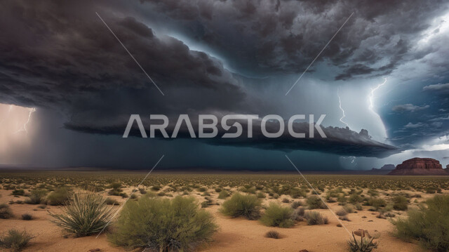 عاصفة من الرياح تضرب الصحراء، الزوايع الغبارية القوية، نمو النباتات والشوكيات البرية في الأراضي الصحراوية، منظر السماء الممتلئة بالغيوم الداكنة، التشكلات والتكوينات الرملية، الظواهر والكوارث الطبيعية، الجو العاصف الهائج المحمل بالغبار والأتربة في صحاري السعودية