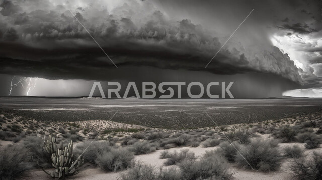 الإعصار الهوائي والزوابع الغبارية القوية في الصحراء, الظواهر والكوارث الطبيعية، نمو النباتات والشوكيات البرية في المناطق الصحراوية، السماء الممتلئة بالغيو الداكنة، الكثبان والرمال الذهبية الناعمة، التشكيلات والتكوينات الرملية في المملكة العربية السعودية