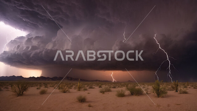 الكثبان والرمال الذهبية الناعمة، التشكيلات والتكوينات الرملية في المملكة العربية السعودية, منظر الإعصار الهوائي والزوابع الغبارية القوية في الصحراء, الظواهر والكوارث الطبيعية، نمو النباتات والشوكيات البرية في المناطق الصحراوية، السماء الممتلئة بالغيو الداكنة