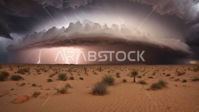 الظواهر والكوارث الطبيعية، الجو العاصف الهائج المحمل بالغبار والأتربة في صحاري السعودية، عاصفة من الرياح تضرب الصحراء، الزوايع الغبارية القوية، نمو النباتات والشوكيات البرية في الأراضي الصحراوية، منظر السماء الممتلئة بالغيوم الداكنة، التشكلات والتكوينات الرملية